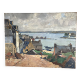 Tableau de Paul Morchain, village de la côte Bretonne (Finistère) et pêcheur