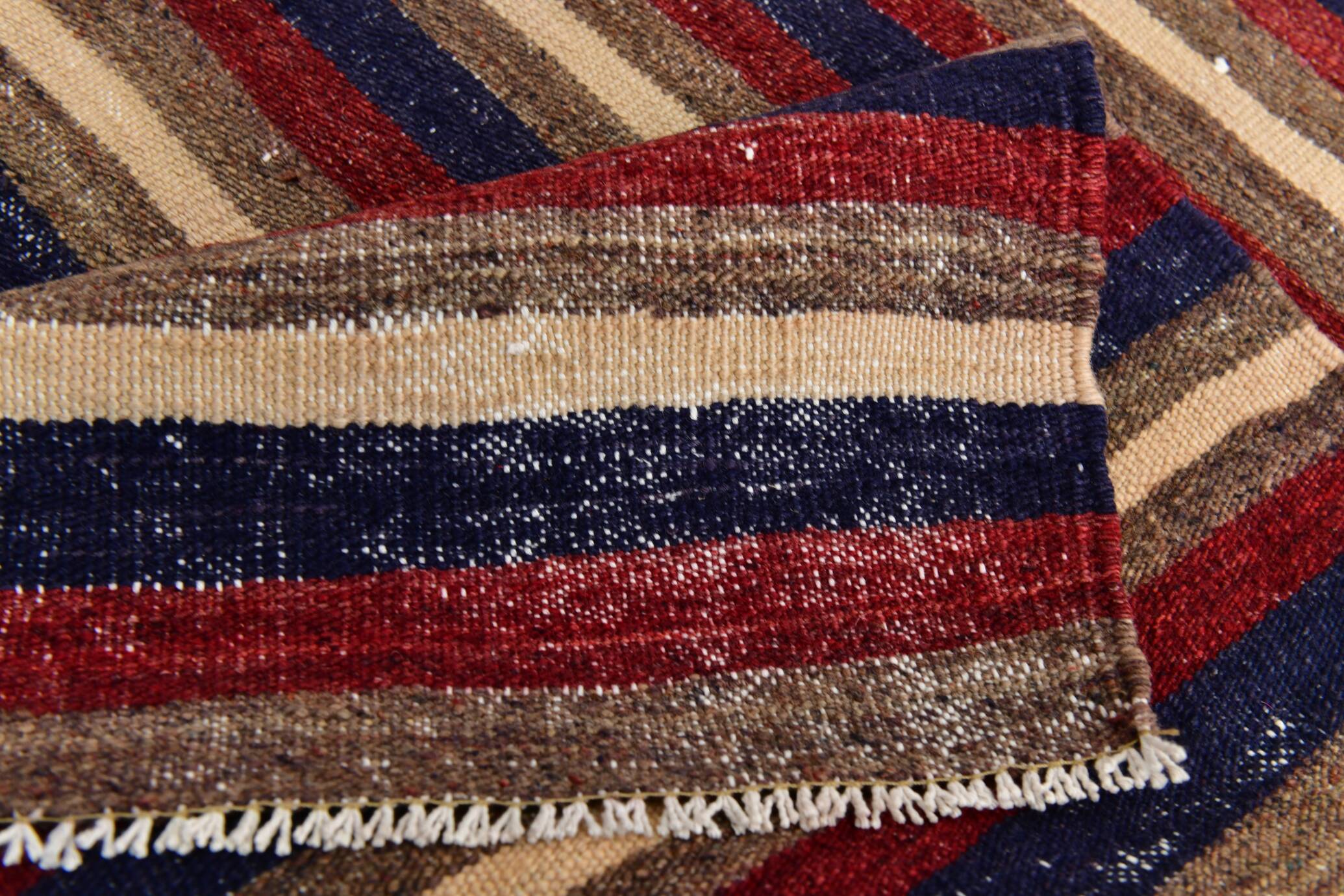 4x9 Red & Navy Blue Pinstriped Pattern Turkish Kilim Rug, 136x284Cm