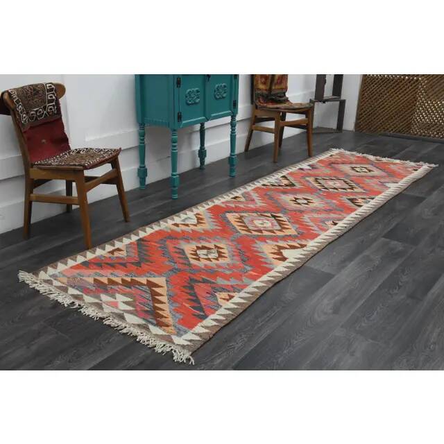 1970s Vintage Turkish Oushak Handmade Wool Cotton Pink Runner Rug 102x335