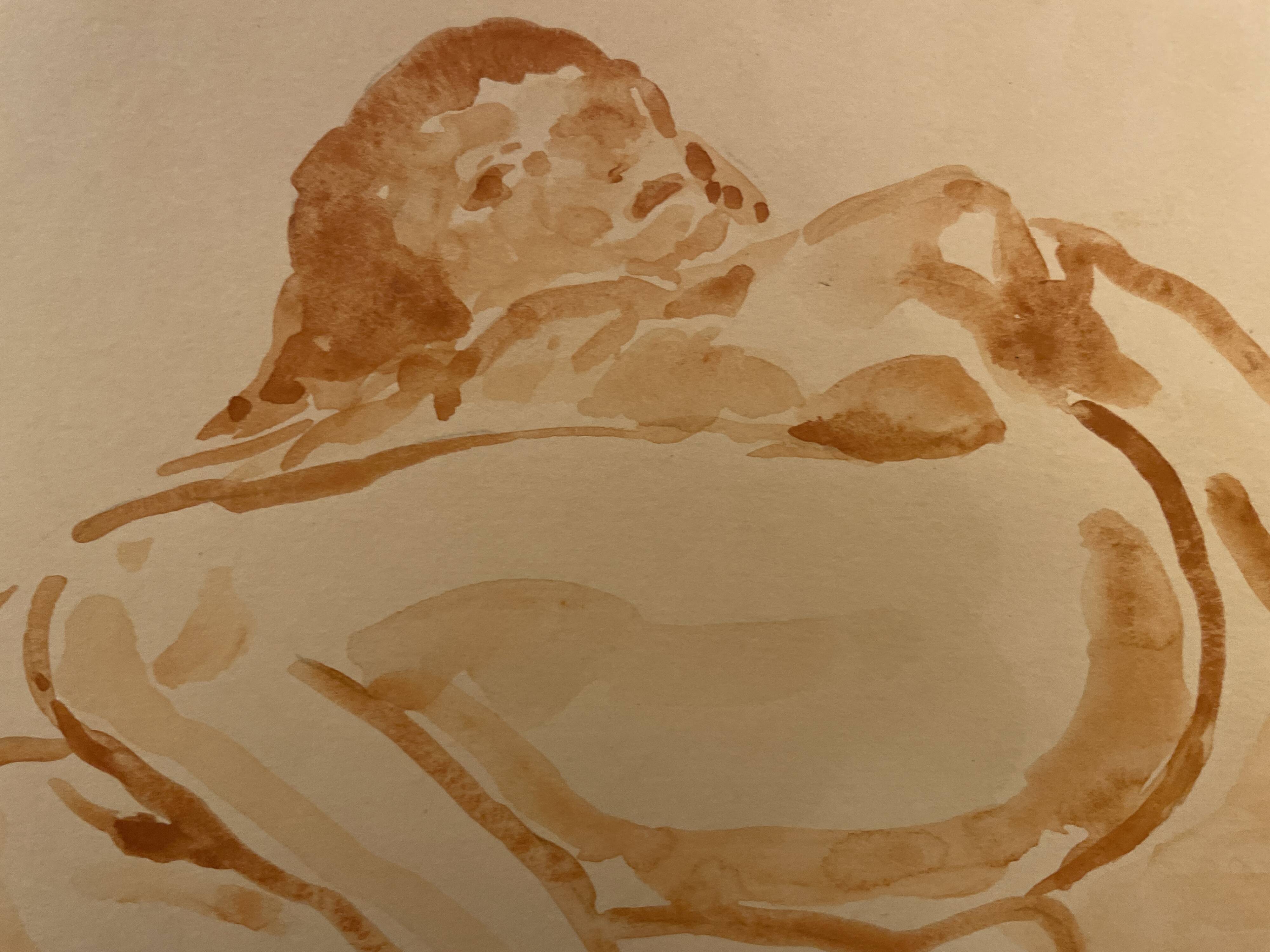Signed painting monochrome watercolor female portrait "reclining study"