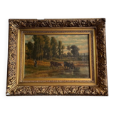 Watering cows painting signed E. Debat Ponsan 1906