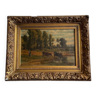Watering cows painting signed E. Debat Ponsan 1906