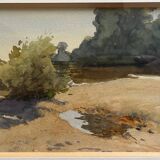 Watercolor painting attr. G. GIRARDOT (1856-1914) "Old river at Pesmes"