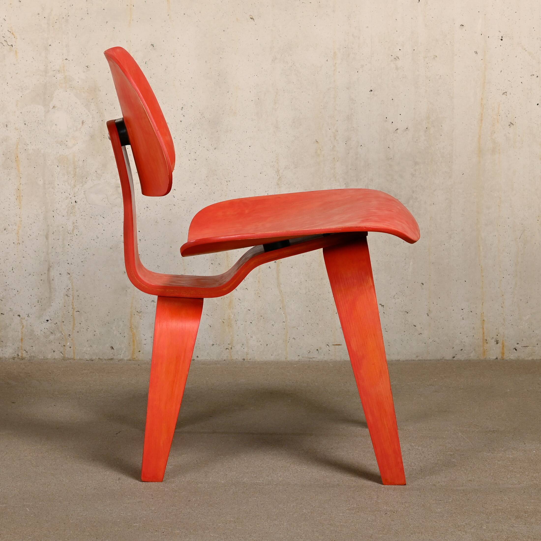 Charles & Ray Eames Early DCW Red aniline dye Ash Dining Chair for Evans Plywood