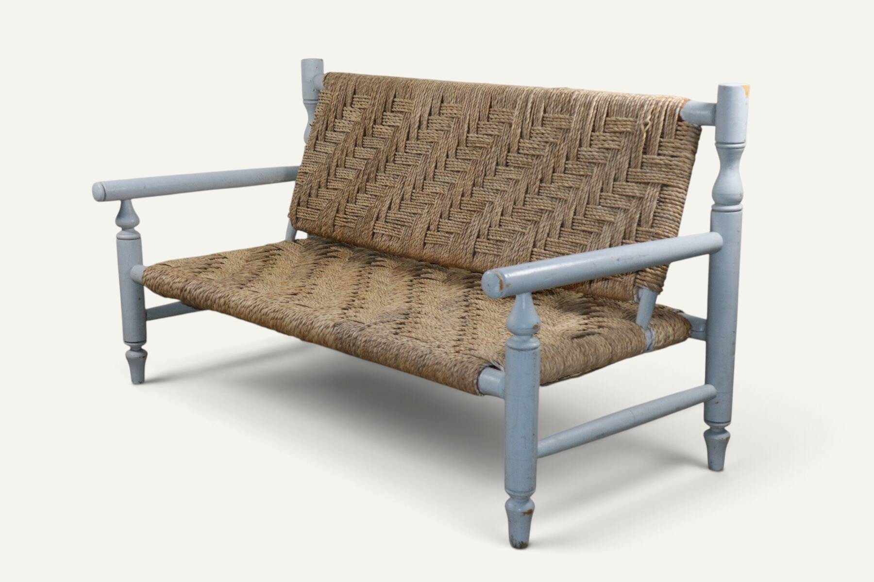Vintage bench in braided rope and painted wood, 1950s-60s.