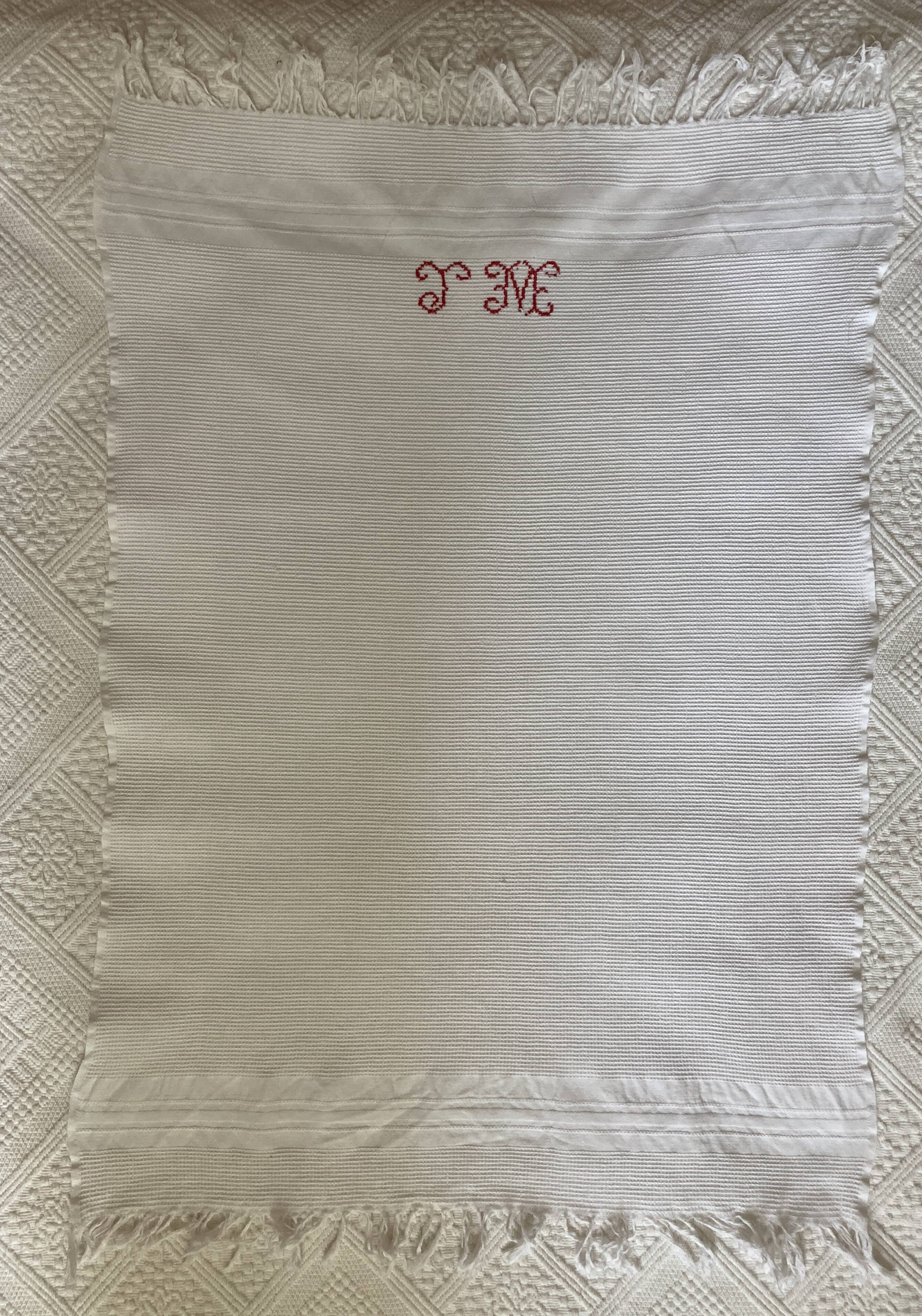4 antique tea towels - honeycomb - monogrammed JM