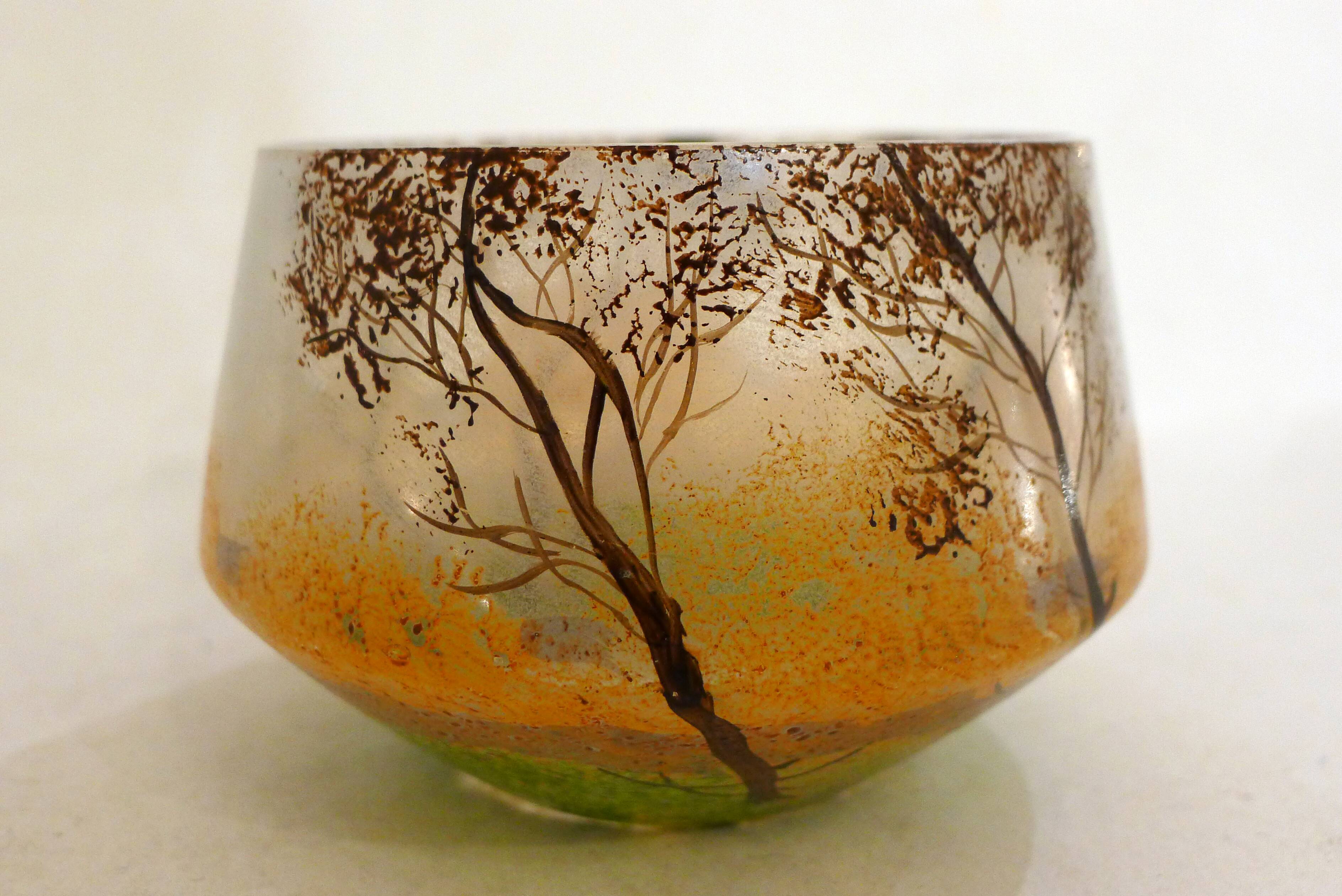 Small Art Nouveau enameled landscape vase/pot