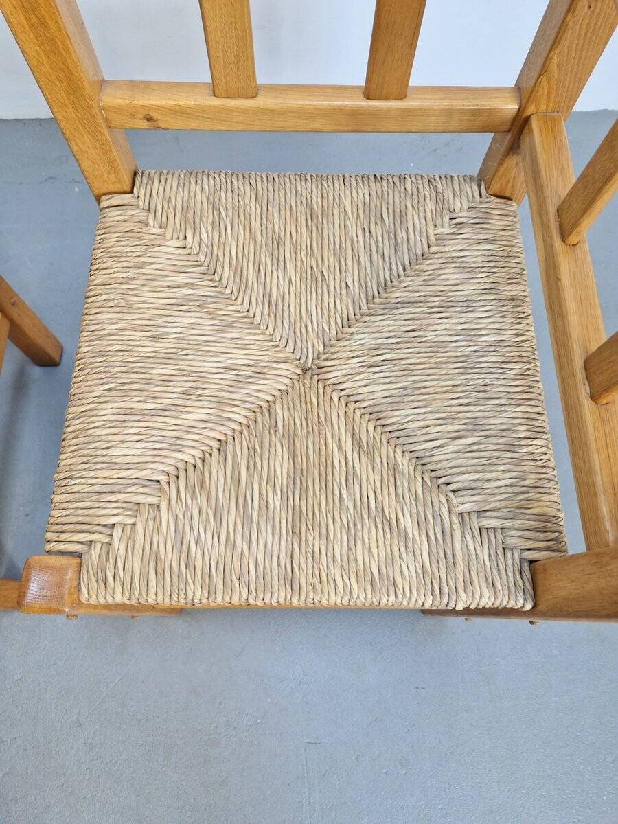 Dutch Modernist Art Deco Style Corner Chair in Oak and Rush, 1950s, Set of 2