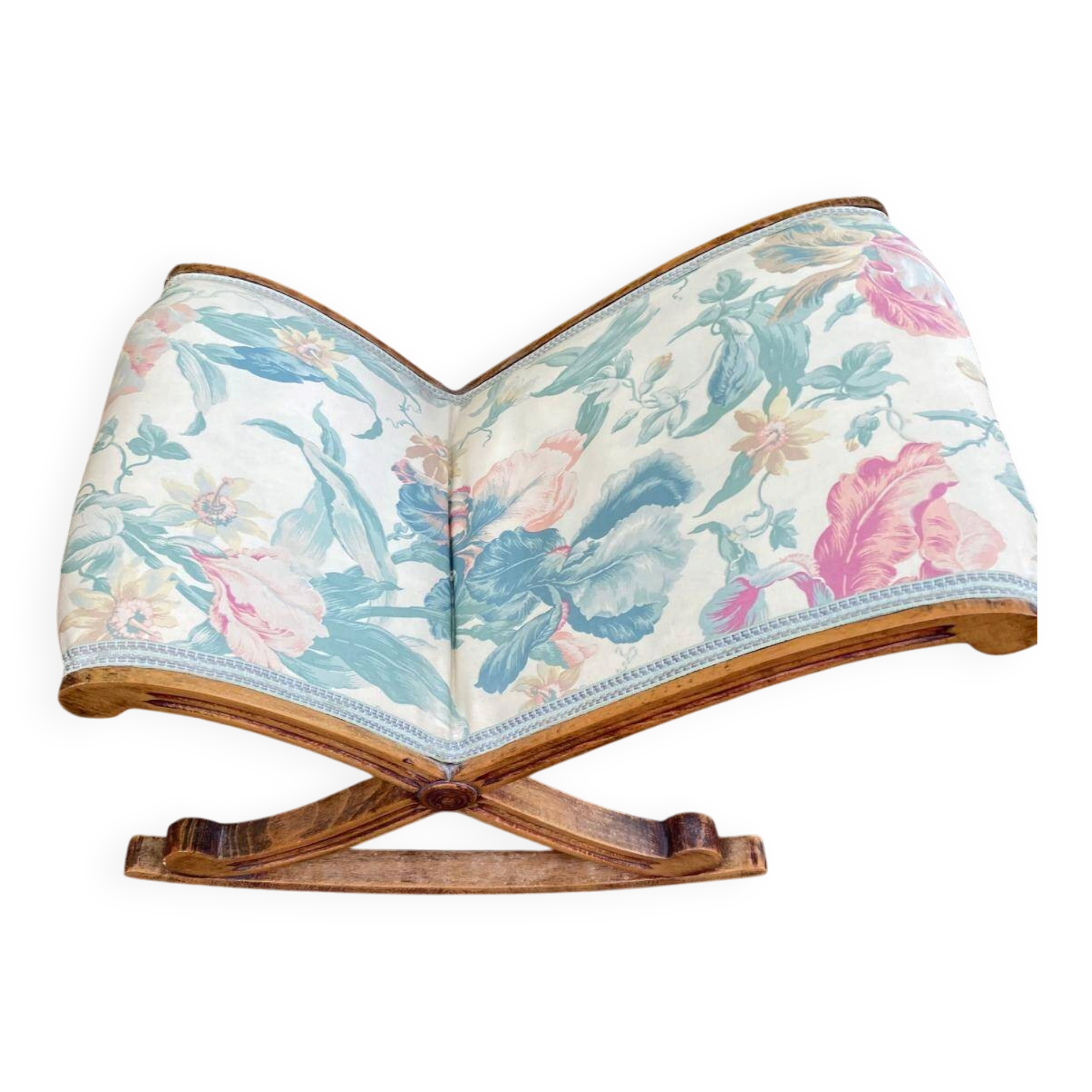Kneeling prayer desk with rocking footrest in solid wood, curule style & floral fabric.