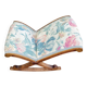 Kneeling prayer desk with rocking footrest in solid wood, curule style & floral fabric.