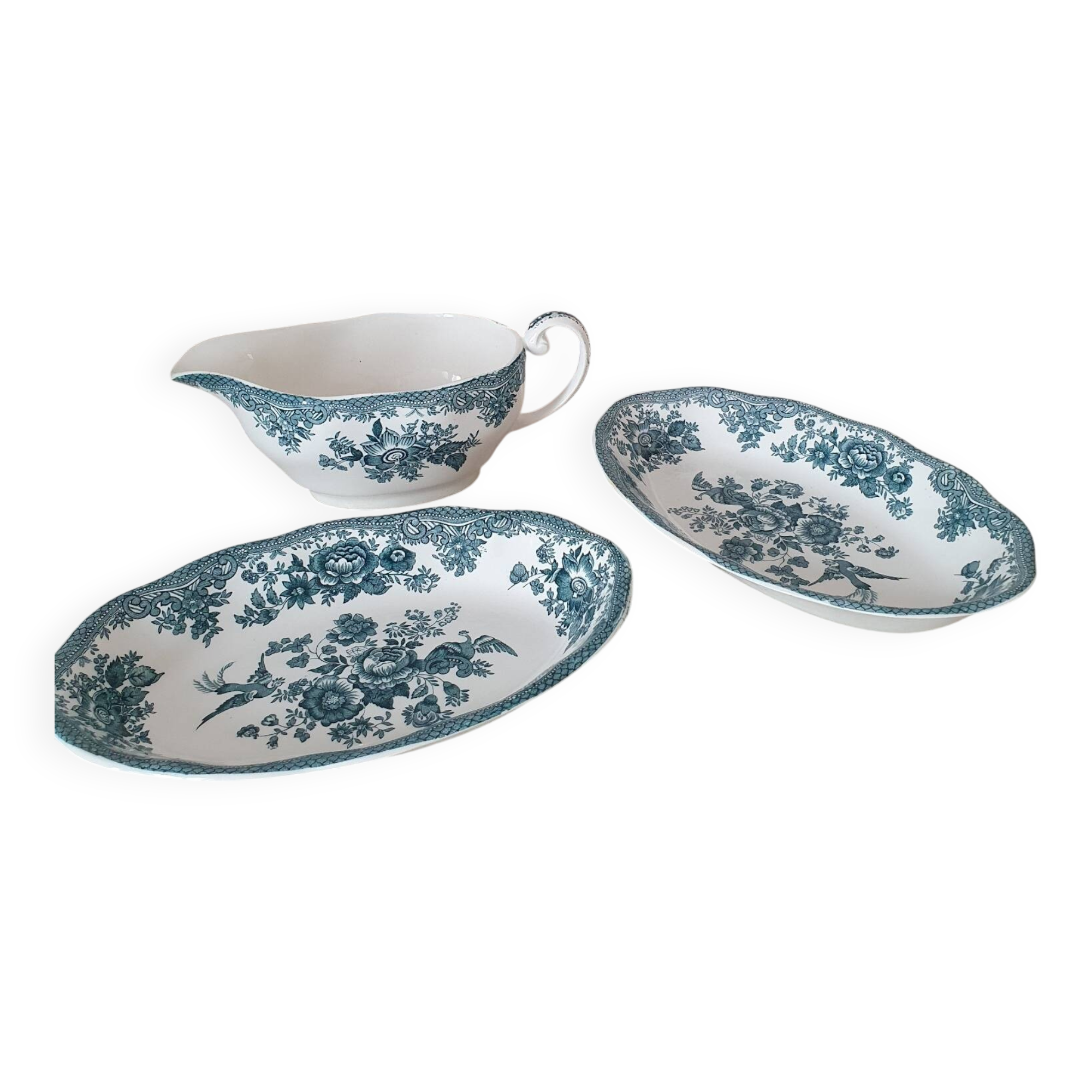 Enoch Wedgewood "Asiatics Pheasants" style "Earth" serving dishes and gravy boat