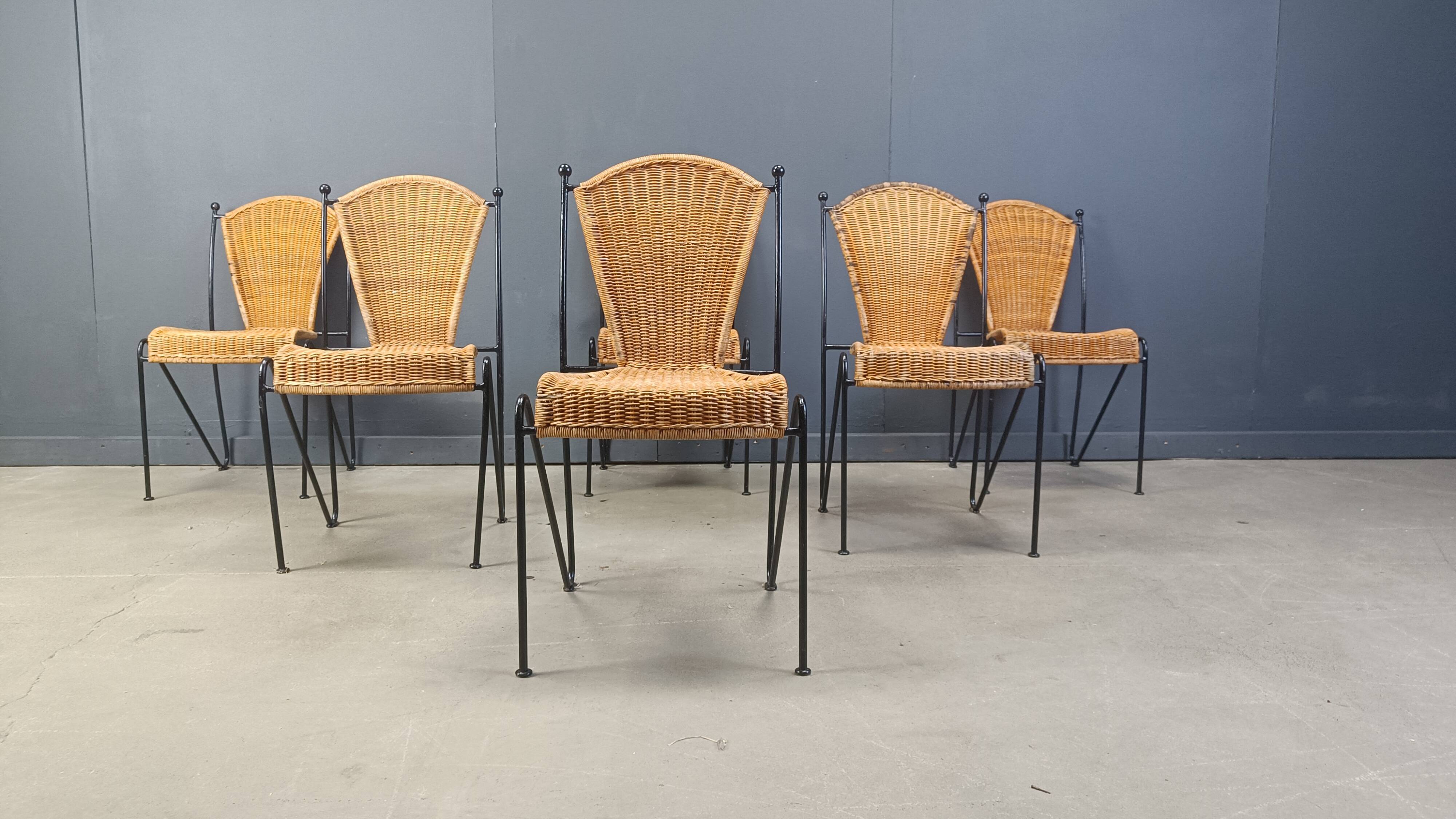 Chaises en osier par Frederick Weinberg, années 1960, lot de 6
