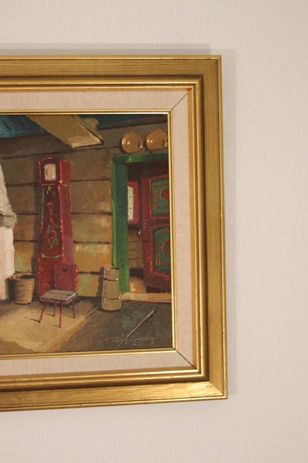 Huile sur toile suédoise originale du milieu du siècle – cheminée de cuisine