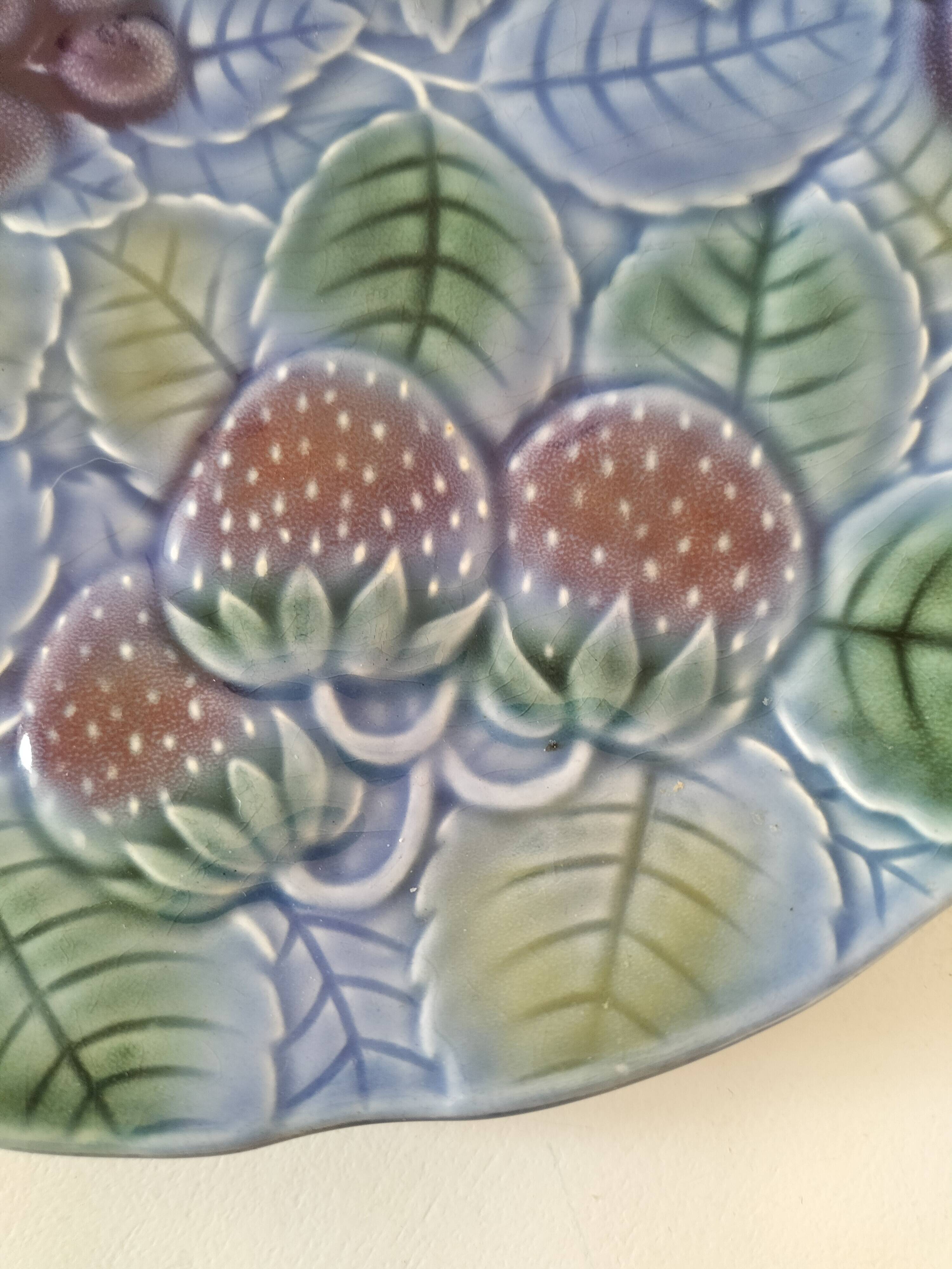 Large barbotine plate Salins blue lavender 80s