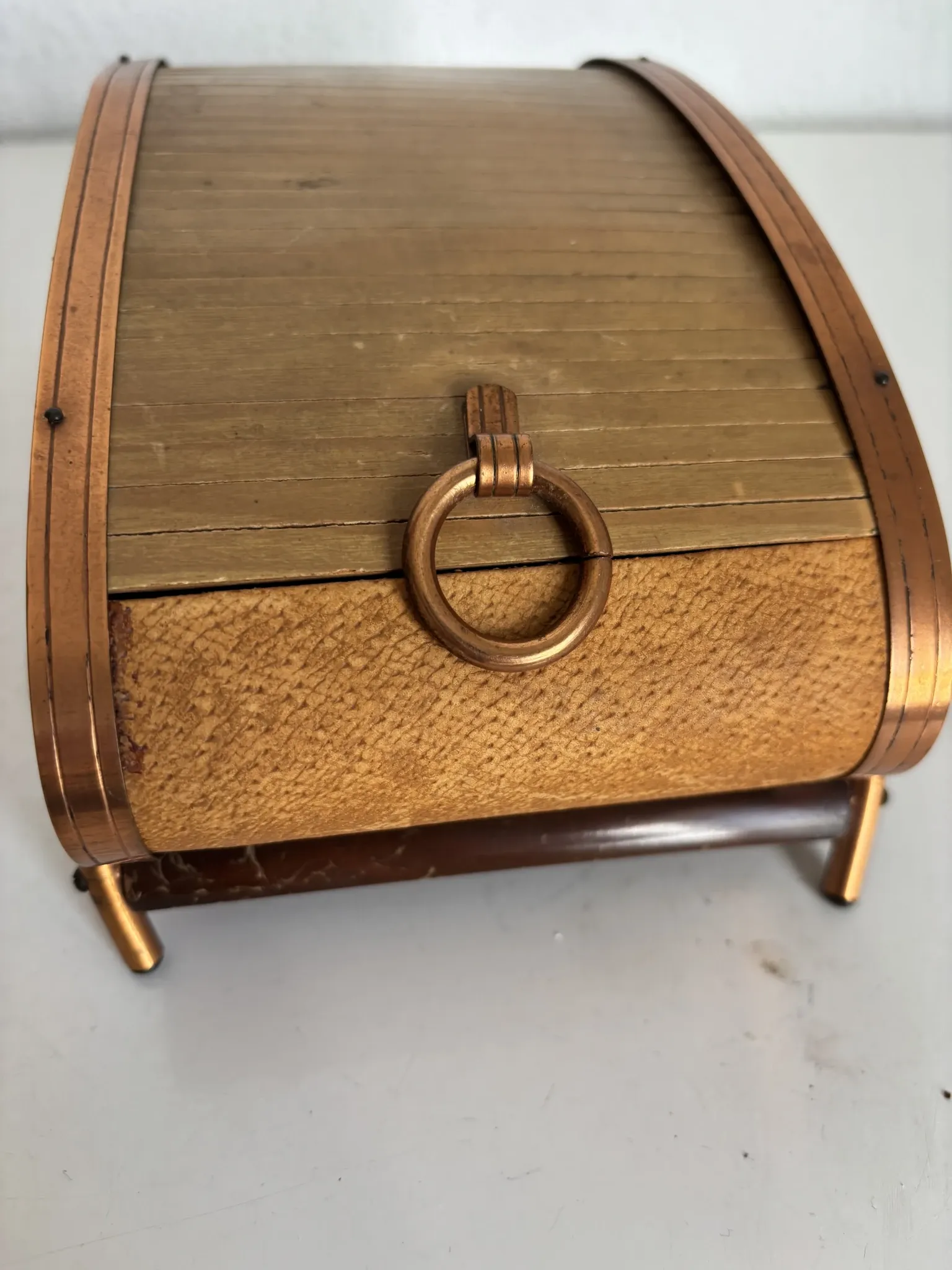 Vintage cigarette dispenser 1960 curtain box wood copper - 21 x 12 cm