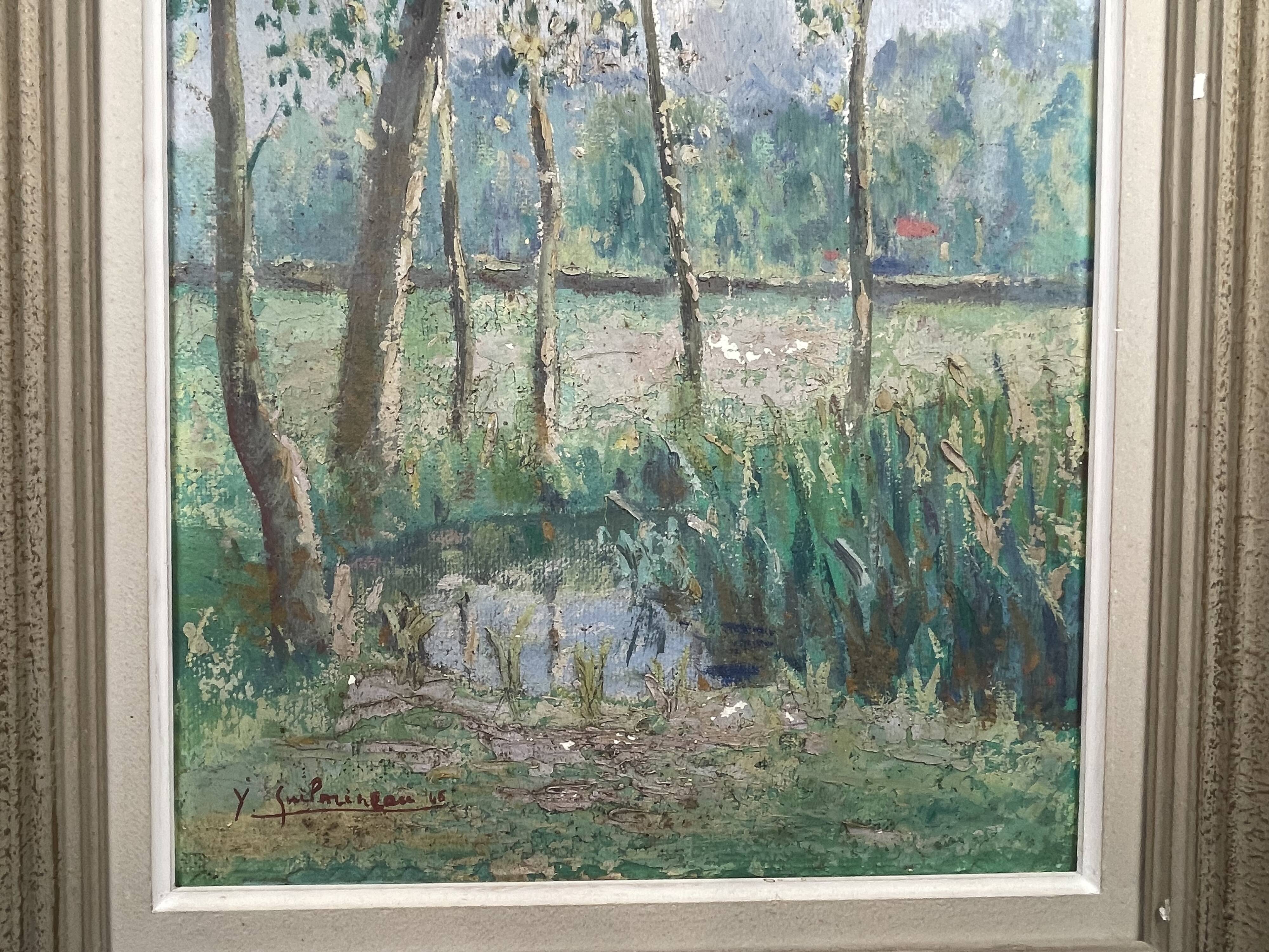 Painting Y. Guilmineau Painter Vendée, Deux Sèvres, Green Venice, Coulon.... 1946