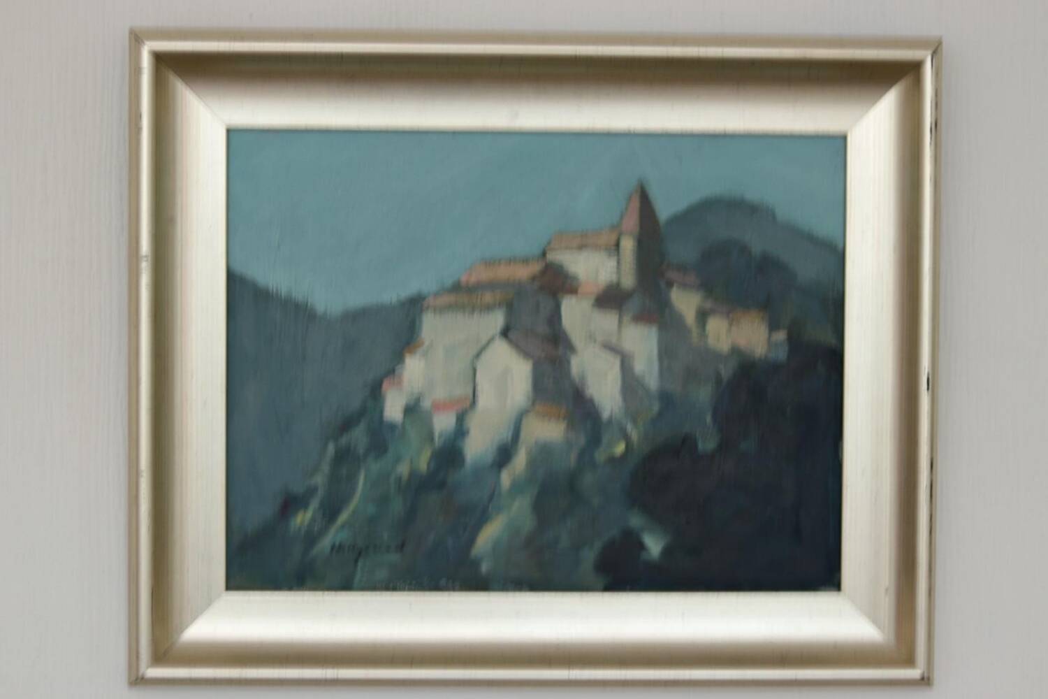 Mid Century Swedish Oil on Canvas “Village Motif” by Bengt Hillgrund