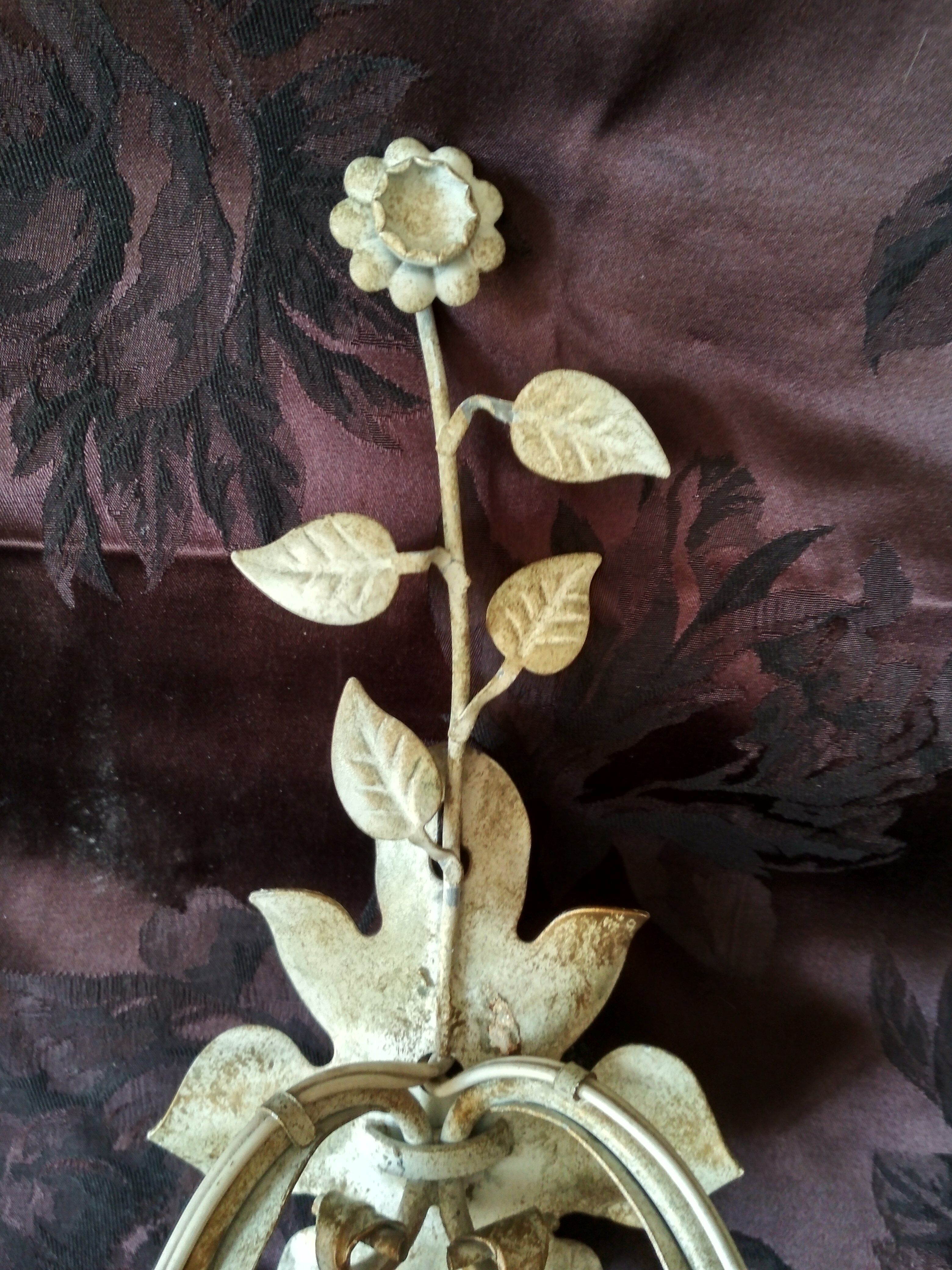 White glazed metal wall light with leaf and flower decor, 2 lights