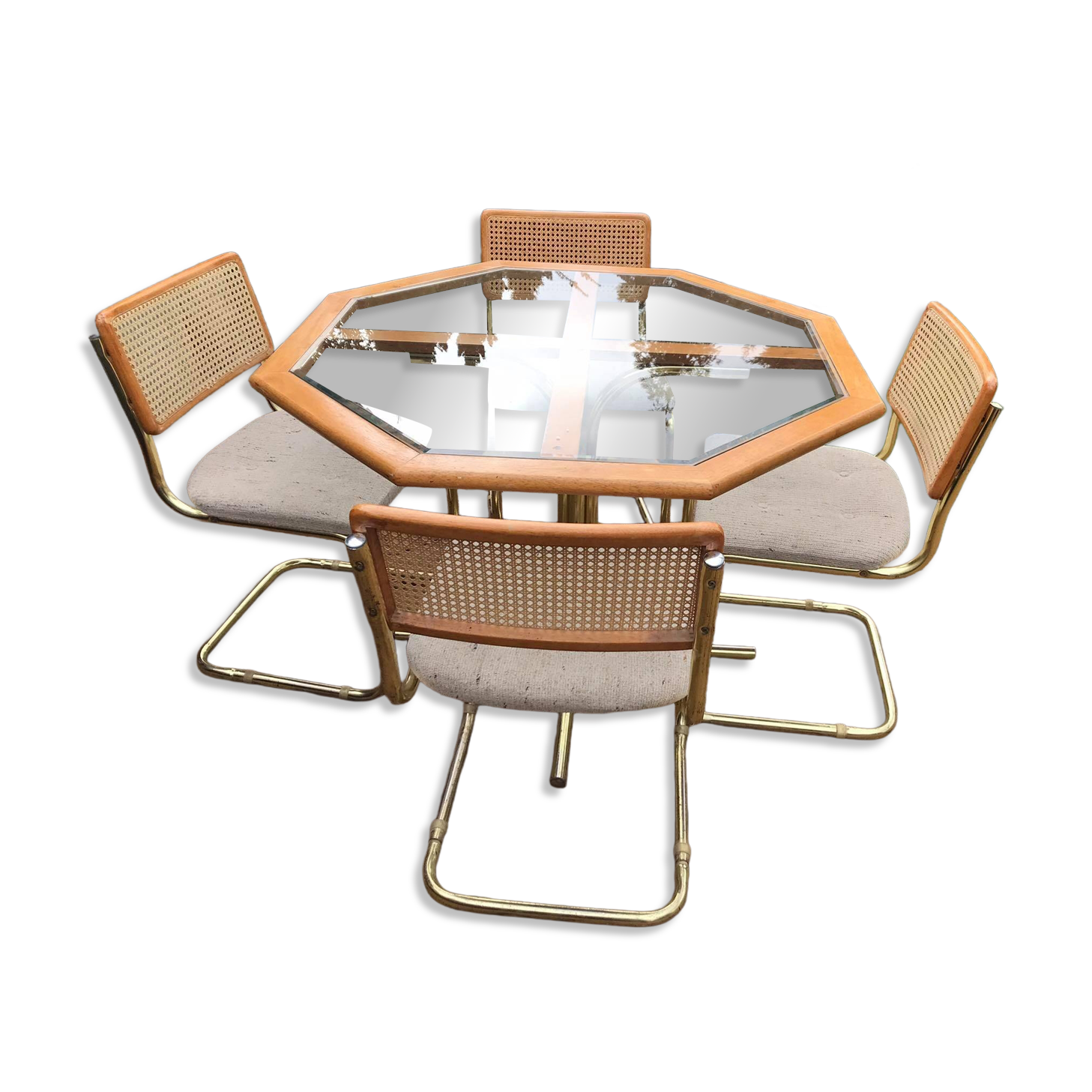 Octagonal brass and glass dining table with 4 chairs, 1960s