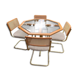Octagonal brass and glass dining table with 4 chairs, 1960s