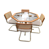 Table à manger octogonale en laiton et verre avec 4 chaises, années 1960