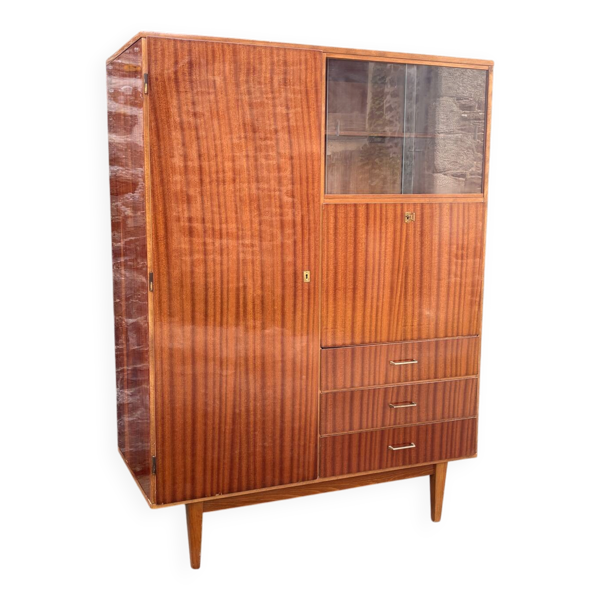 Armoire combinée vintage années 50 en acajou verni – scandinave