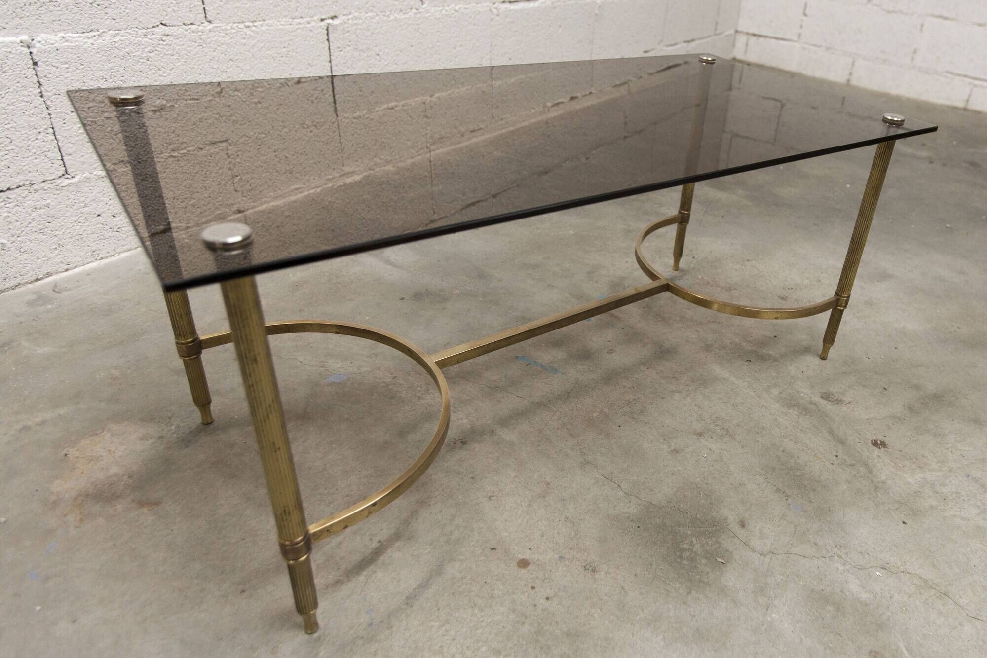 Gold brass coffee table with smoked glass 1970