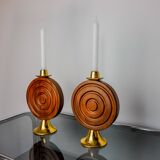 Pair of brutalist candlesticks by Ardisur, bronze and wood, Spain, 1970