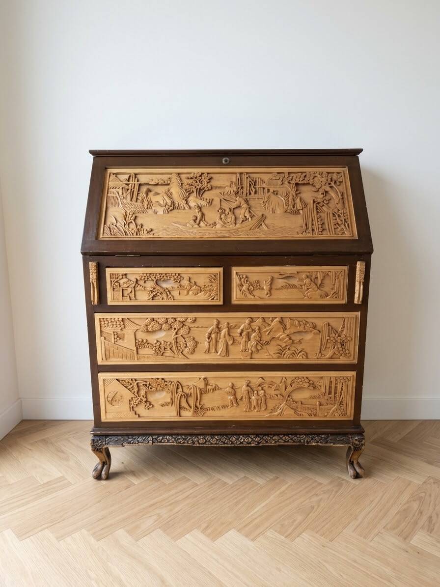 Asian secretary desk carved from solid wood
