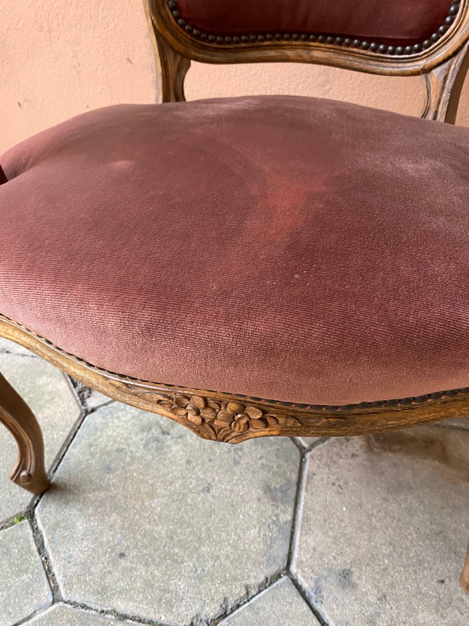 Pair of louis xv style bergeres armchairs with pink velvet armrests