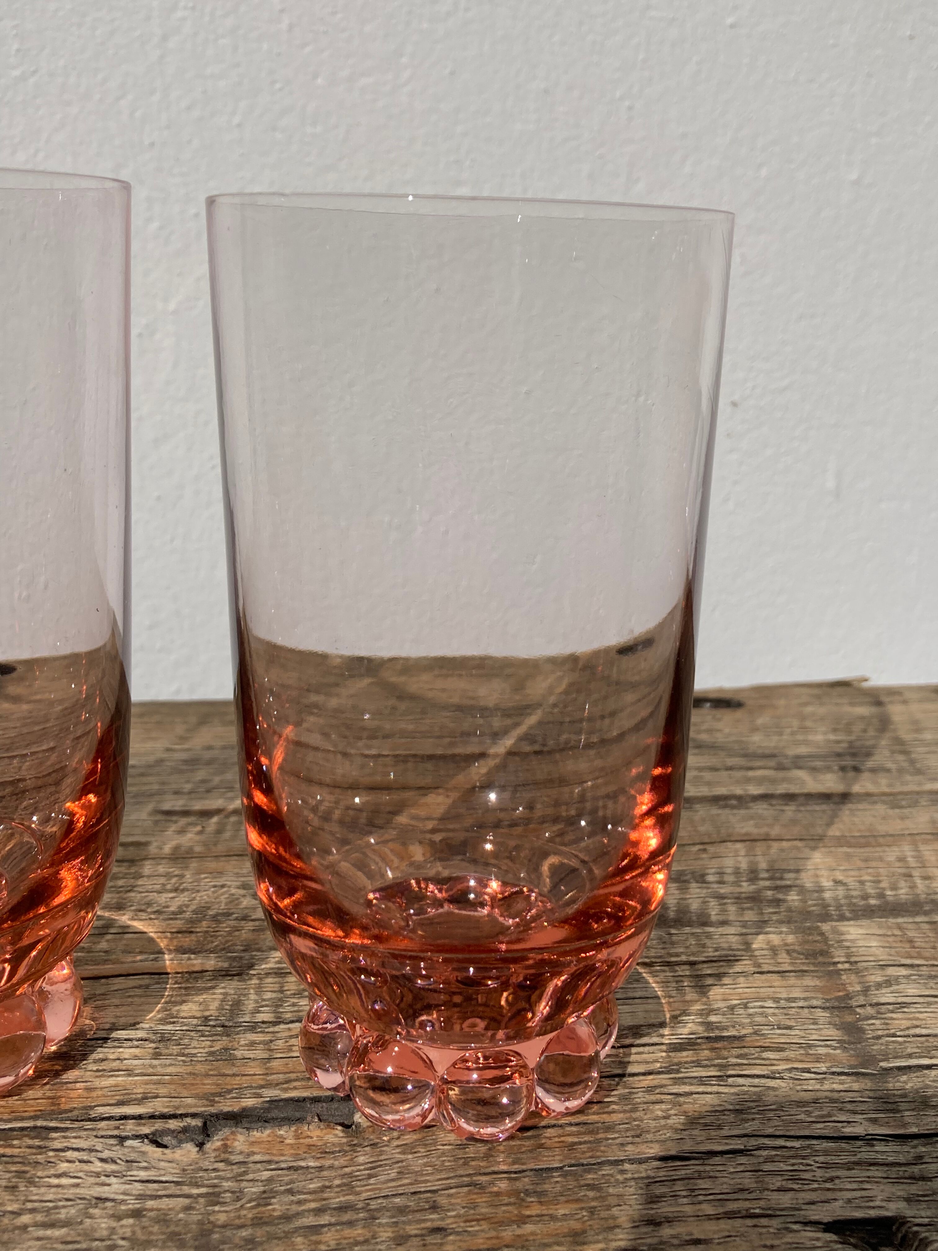 6 old pink crystal water glasses with balls