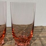 6 old pink crystal water glasses with balls