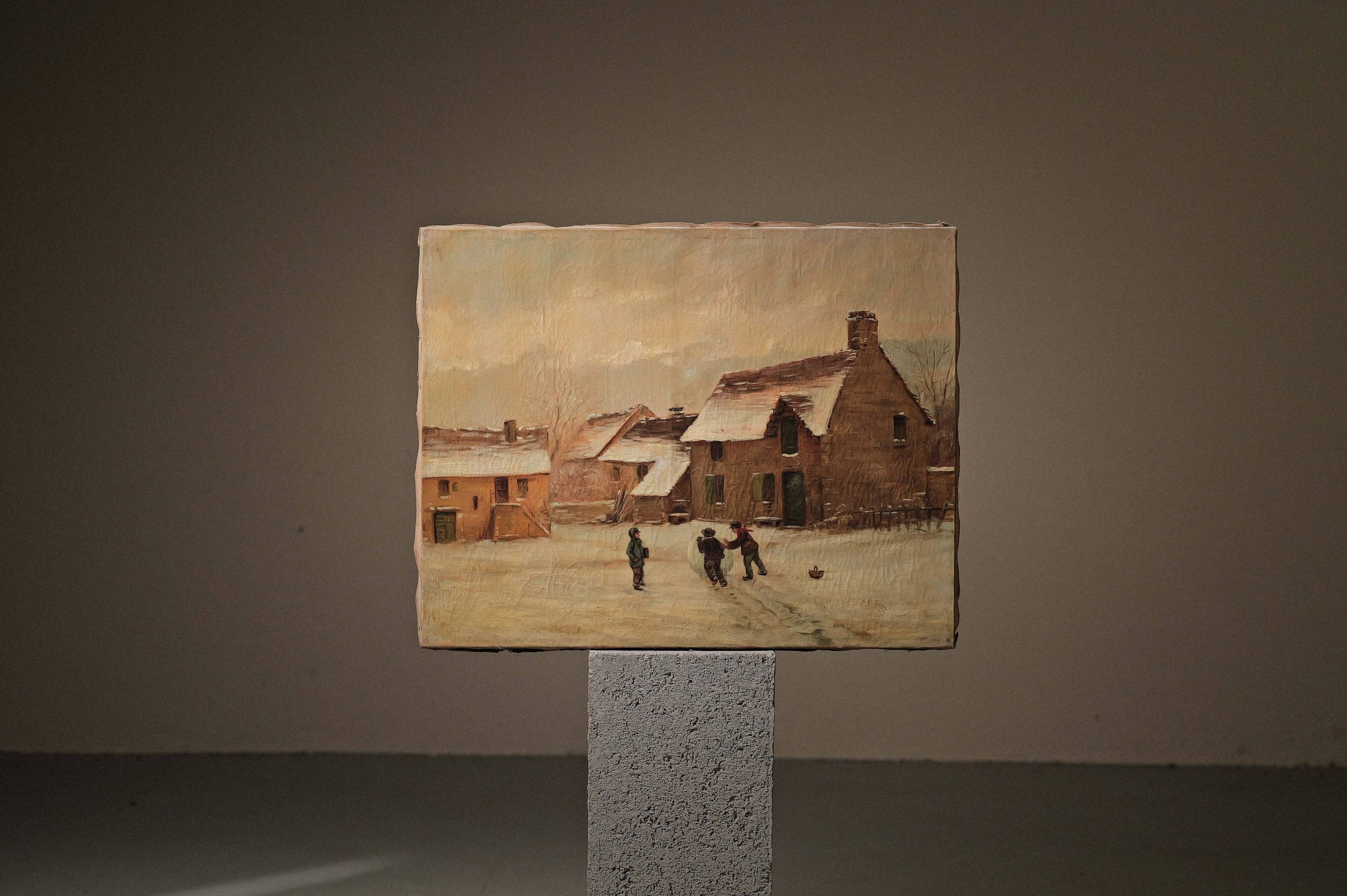 Children playing in the snow, oil on canvas, signed, circa 1900