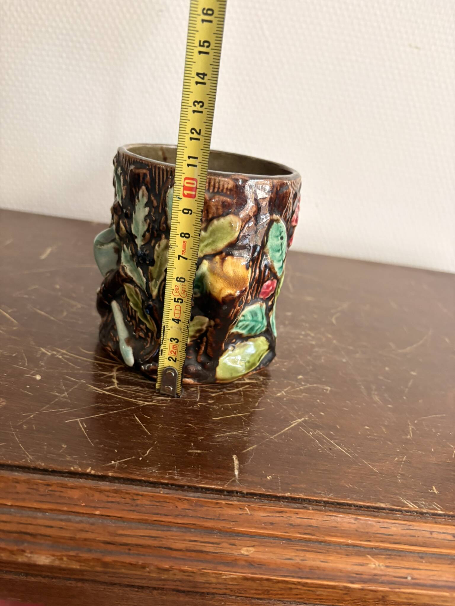 Ancien Pot Vase Porte Pinceaux Barbotine Tronc Feuilles Baies Naturaliste