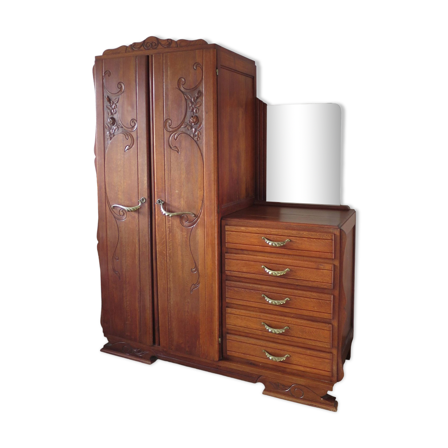 English asymmetrical chest of drawers - Art Deco - Mirror - 2 doors - 5 drawers - Mesh blond oak