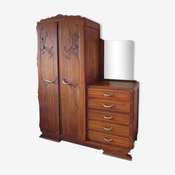 English asymmetrical chest of drawers - Art Deco - Mirror - 2 doors - 5 drawers - Mesh blond oak