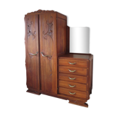 Armoire commode asymétrique anglaise-Art Déco -Miroir-2 porte-5 tiroirs-Chêne blond maillé