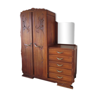 English asymmetrical chest of drawers - Art Deco - Mirror - 2 doors - 5 drawers - Mesh blond oak