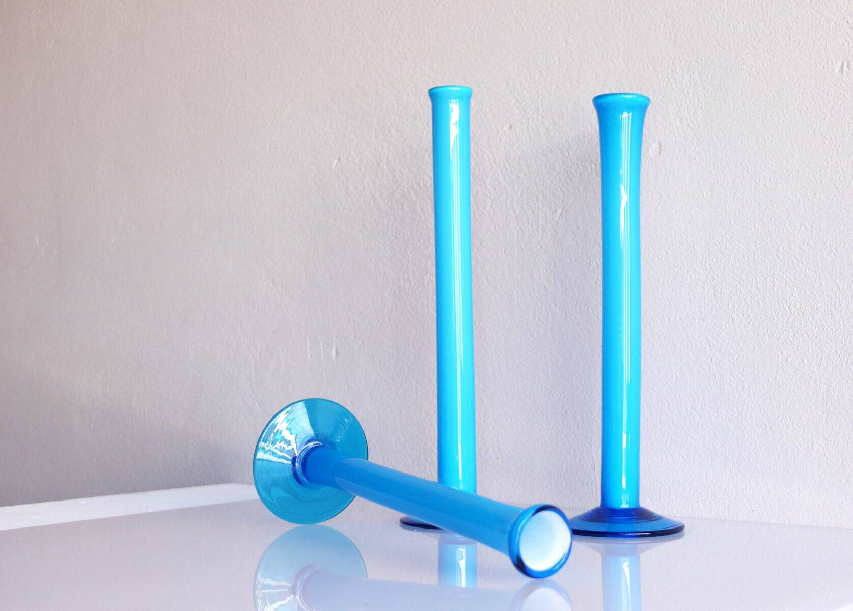 Vintage tall handblown orchid vases in azure blue by Artur Percy for Gullaskruf, 1970s, set of 3