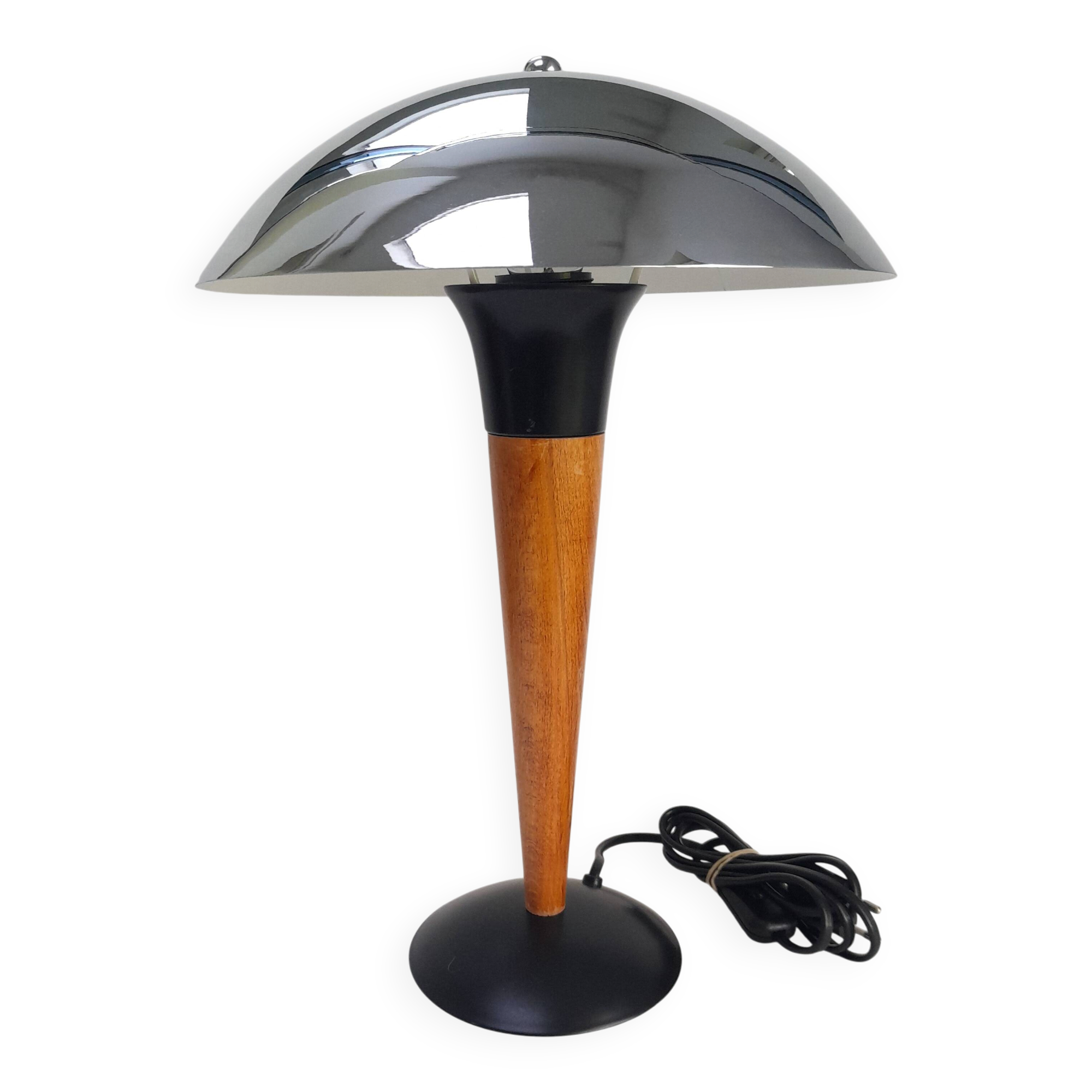 Lampe à poser champignon chrome et bois