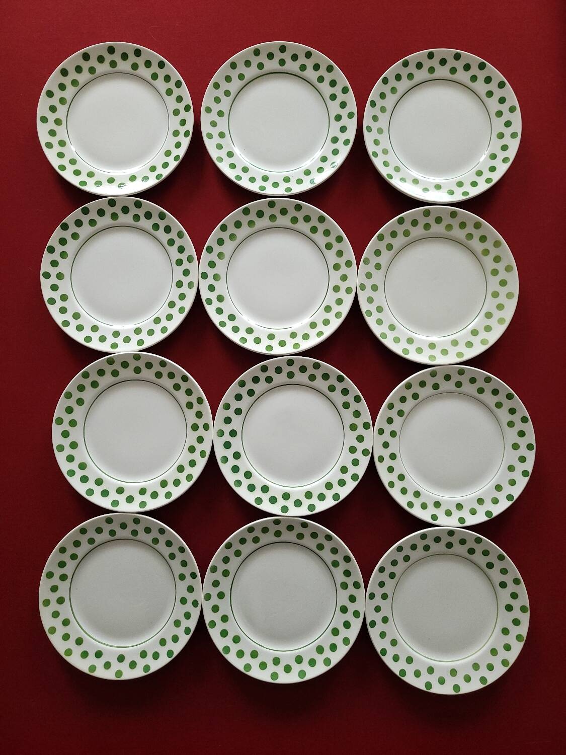 Set of 12 small green polka dot dessert plates - Moulin des Loups