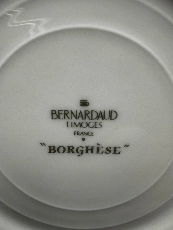 6 Bernardaud Limoges Borghese dessert plates with blue rim and fruit ribbon