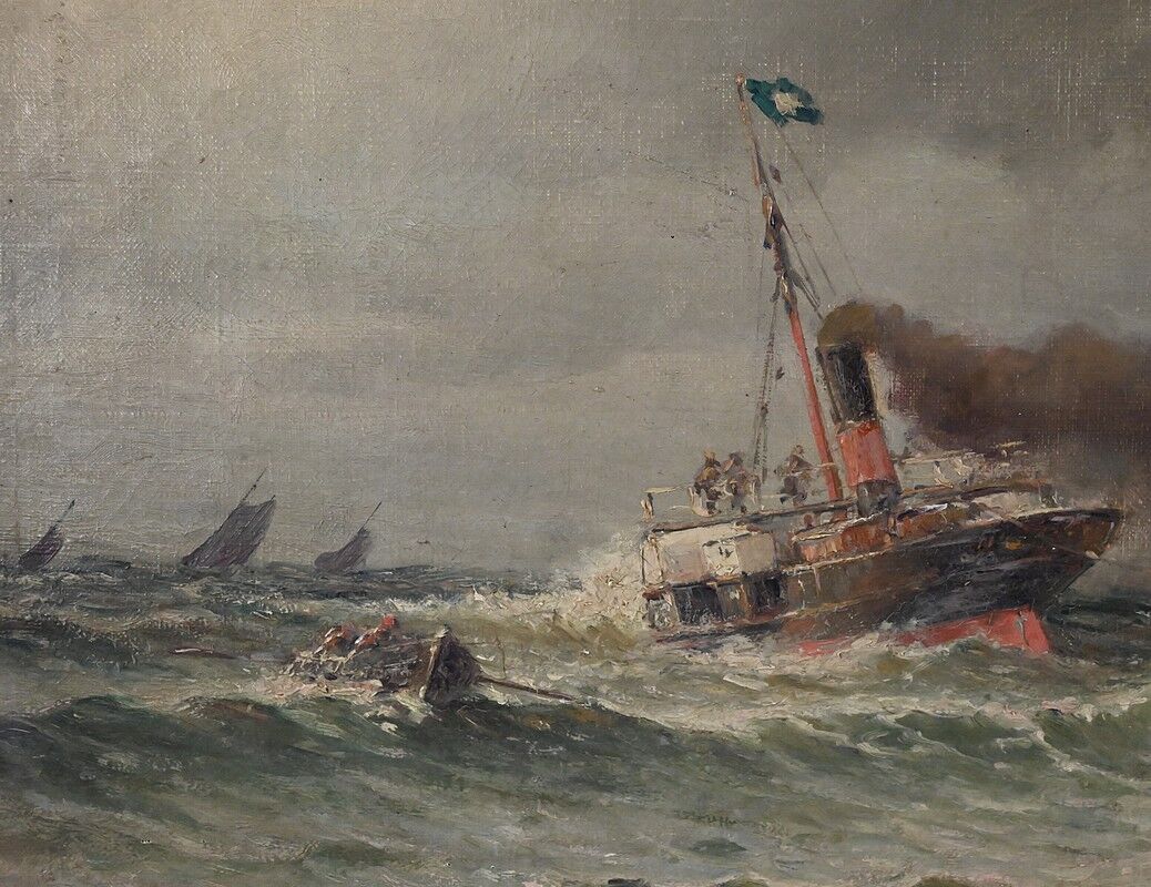 Painting "Entry to the Port in Rough Seas", oil on canvas, signed C. Demont – early 20th century