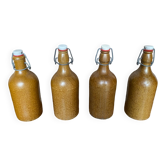 Set of 4 Old Beige Stoneware Bottles + Vintage Porcelain Stopper