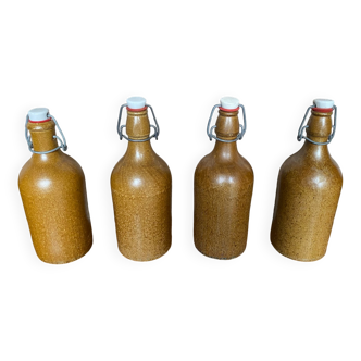 Série 4 Anciennes Bouteilles Grès Beige + Bouchon Porcelaine Vintage