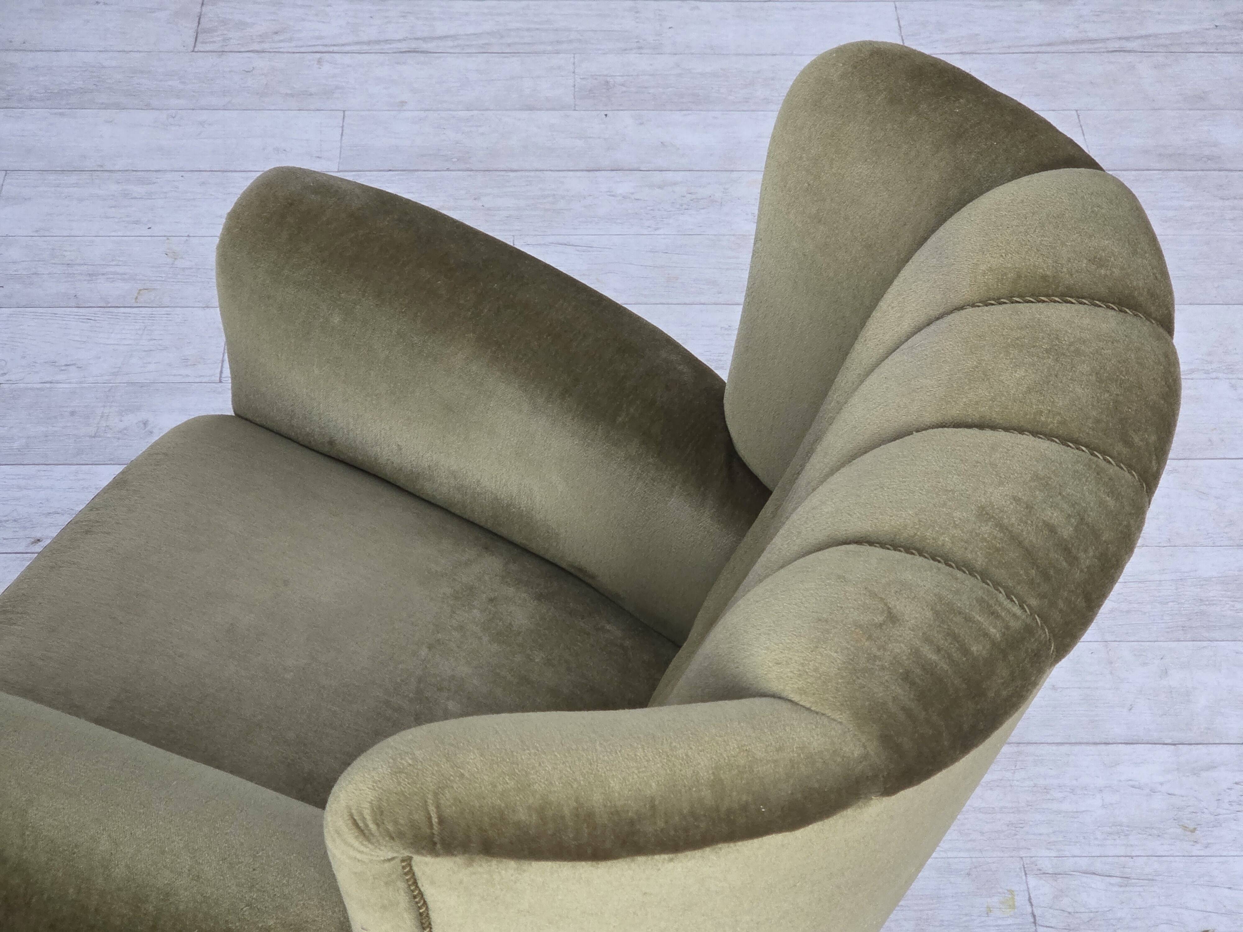 1960s, Danish relax armchair, original green furniture velour, beech wood.