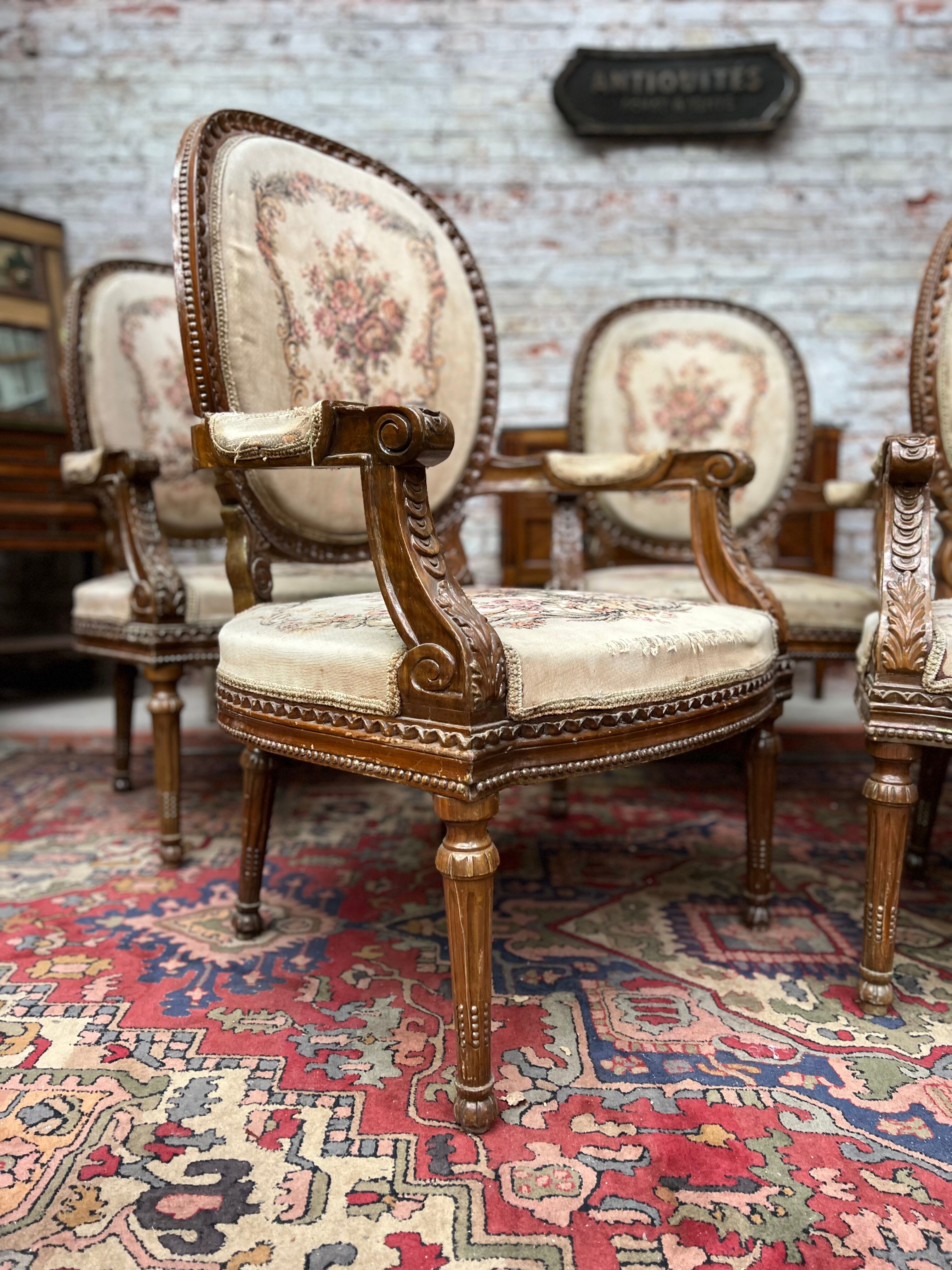 Suite of Five Armchairs with Back Medallion Louis XVI Style