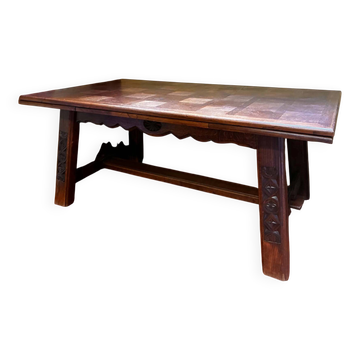 Rustic solid wood table carved — Savoyard style / folk art