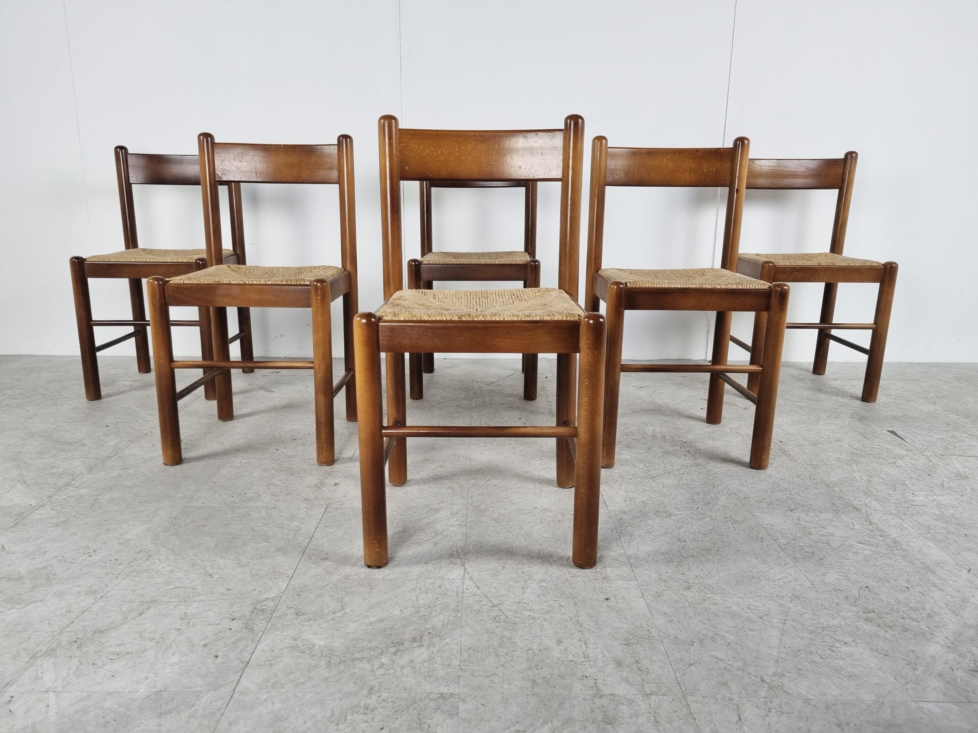 Vintage oak and wicker dining chairs, 1960s