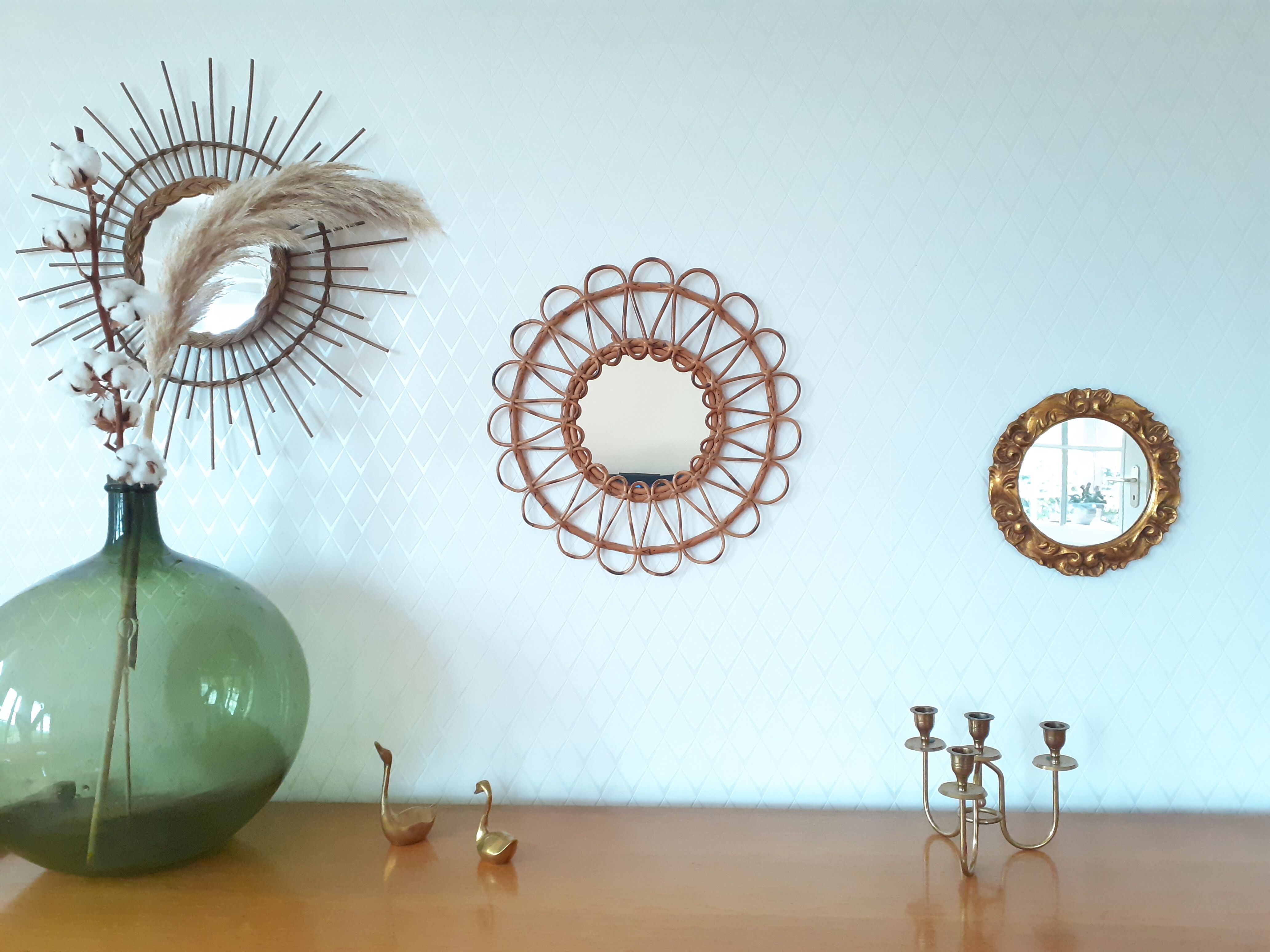 Miroir vintage rond en bois doré 24cm